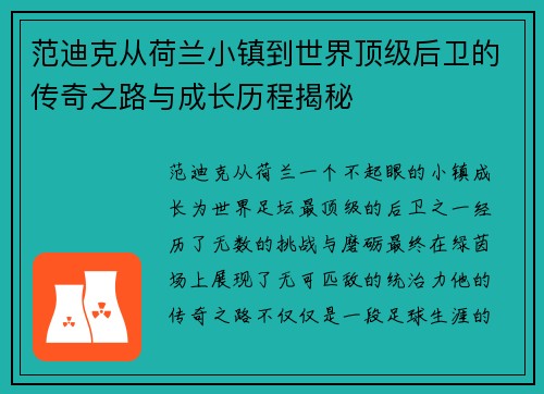 范迪克从荷兰小镇到世界顶级后卫的传奇之路与成长历程揭秘