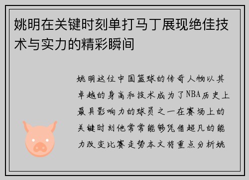 姚明在关键时刻单打马丁展现绝佳技术与实力的精彩瞬间